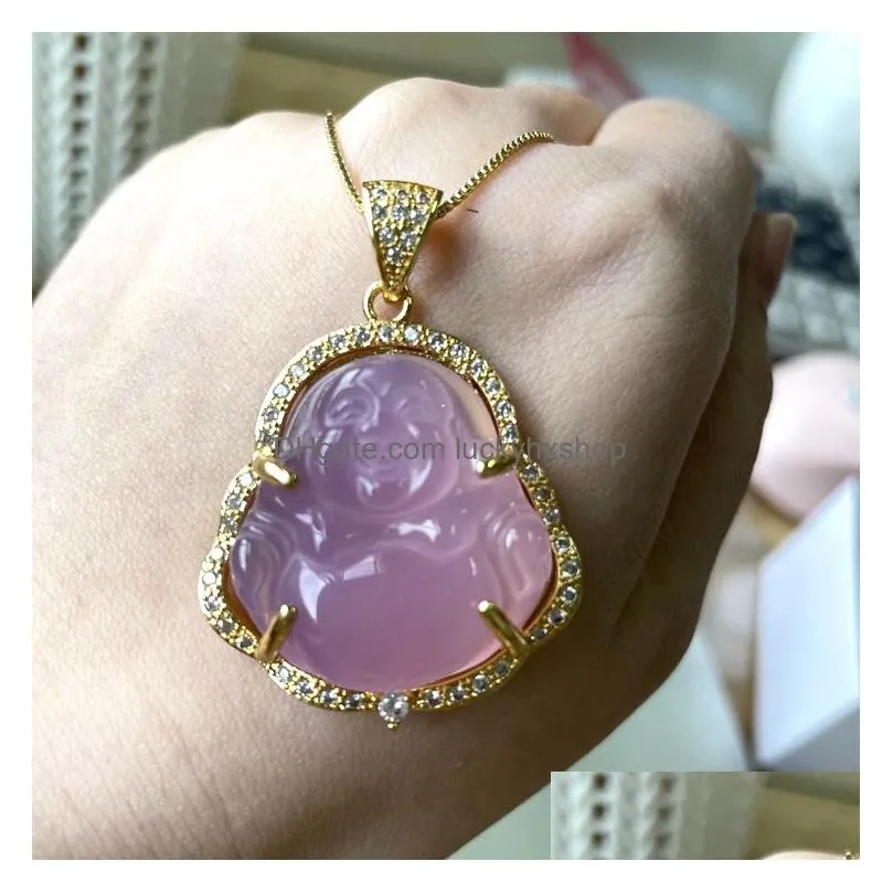 Pendant Necklaces Jewelry Ins Factory Whole Natural S925 Sier Maitreya Agate Ladies Cz Pink Jade Buddha Pendant Necklace4977814 Jewelr Dhex7