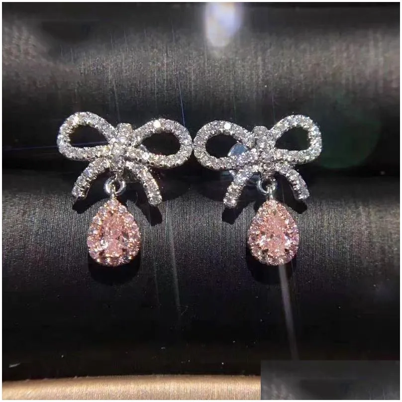 flower shape dangle earring diamond cz real 925 sterling silver long party wedding drop earrings for women bridal jewelry gift