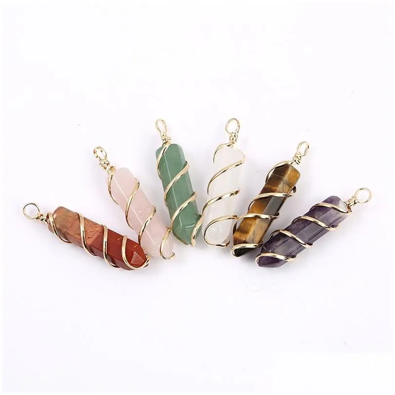 gold wire wrap natural stone charms green pillar bullet shape chakra pendants for jewelry making wholesale handmade craft bulk