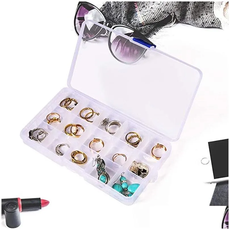 Storage Boxes & Bins Jewelry Organizer 15 Grids Transparent Plastic Beads Organizers Earring Rings Storage Containers Display Case Box Dha12