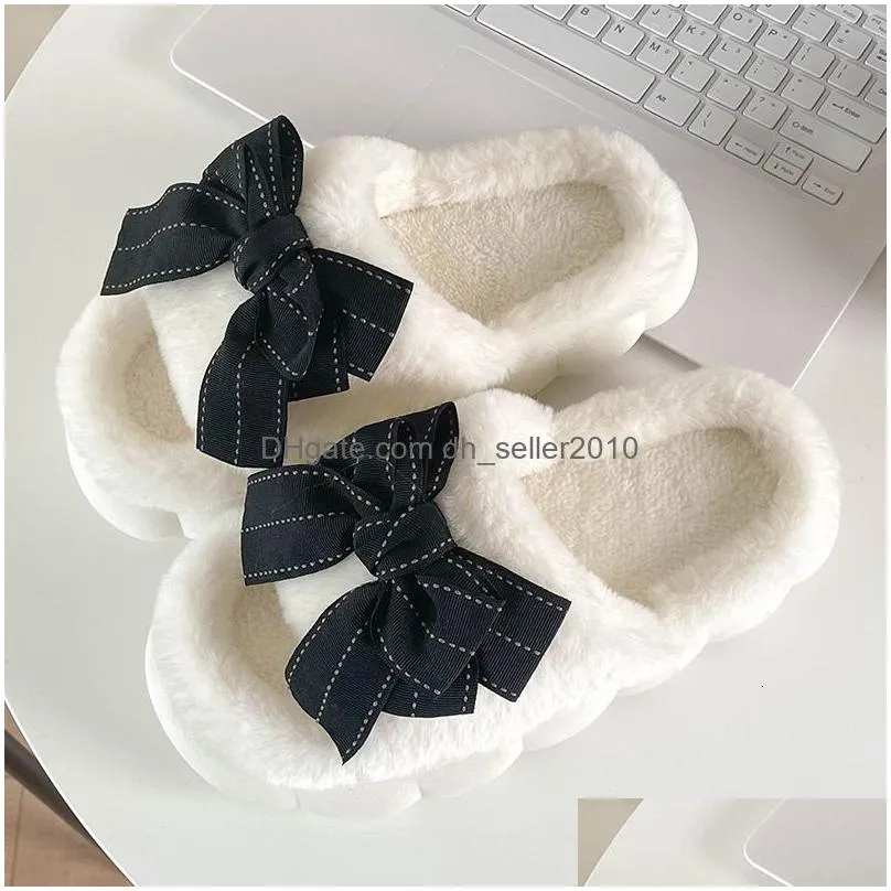 Home Shoes Home Shoes Winter Kawaii Princess Ladies Thicksoled House Fur Slippers Opentoe Bedroom Cute Big Bow Pattern Women Fluffy Sl Dhzxq