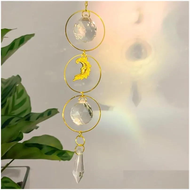 Keychains & Lanyards Keychains Celestial Moon Sun Catcher Crystal Rainbow Maker Window Diy Home Boho Room Wall Car Decor Chandelier Pr Dhhot