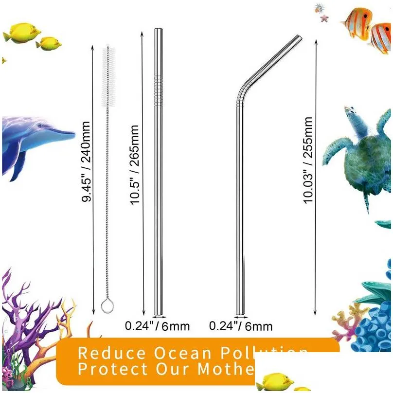 Drinking Straws Set Of 6 Stainless Steel Drinking St With Cleaning Brush And Pouch 2Pcs Straight Bent 1Pcs Drink Home Garden Kitchen, Dhdx1