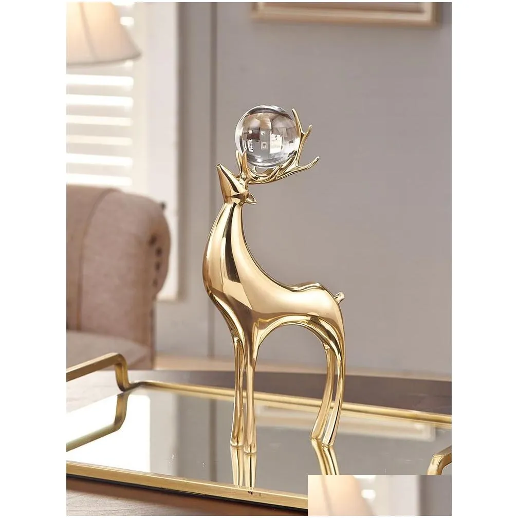 decorative objects figurines aesthetic luxury metal figurine gold copper model deer crystal ball living room decor home decoration