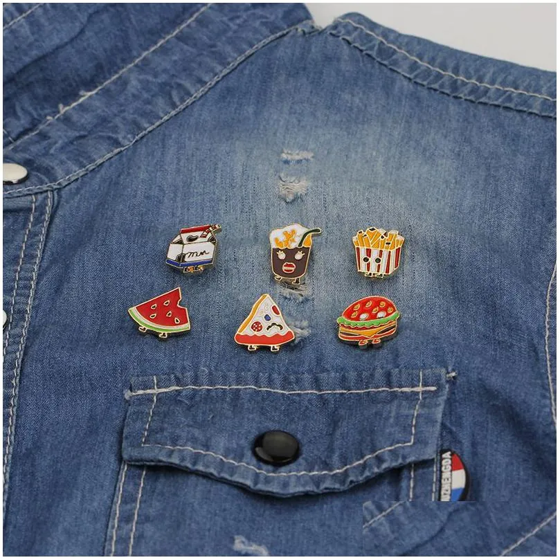 Pins, Brooches Children Cartoon Enamel Brooch Pins Watermelon Milk Burger Cola French Fries Pizza Creative Lapel Brooches For Kid Fash Dhdgv