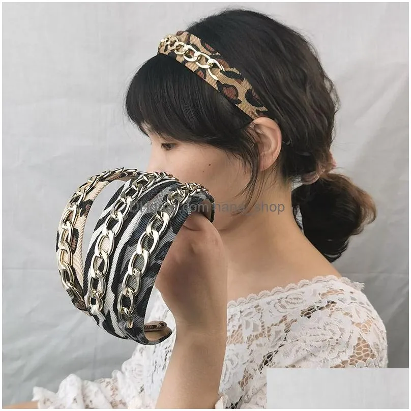 Hair Accessories Fashion Alloy Chain Leopard Hairband Women Headband Vintage Braided Wide Side Knotted Hair Hoop Band Girls Accessorie Dhpej