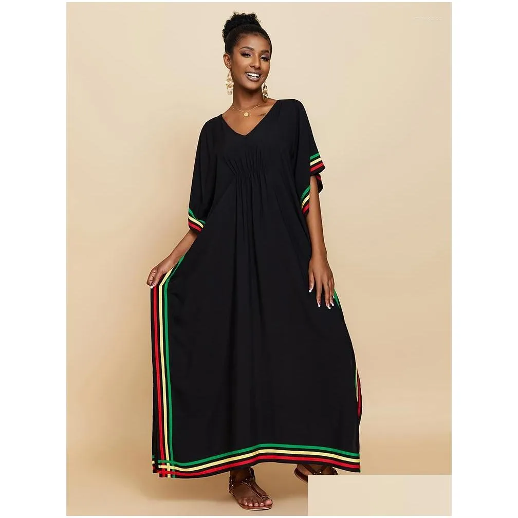 Women`S Swimwear Womens Swimwear Elegant Black Maxi Dress 2023 Robe De Plage V Neck Bohemian Long Extra Sized Swimsuit Beach Clothing Dhuct