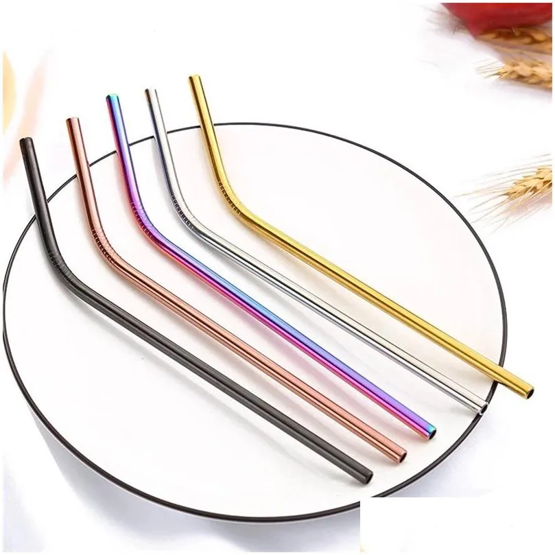 Drinking Straws 6X266Mm Stainless Steel Drinking Sts Reusable Colorf Metal St Cleaning Brush For Party Wedding Bar Home Garden Kitchen Dhj3Y