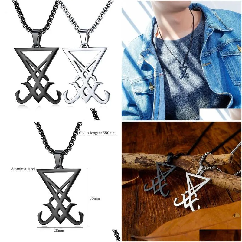 Pendant Necklaces Pendant Necklaces Black Sier Color Lucifer Necklace For Men Sigil Satan Satanic Stainless Steel Long Chain 24 Inch M Dhbdi