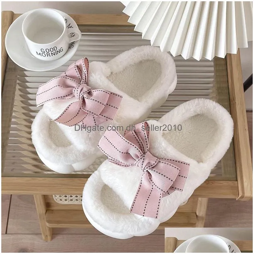 Home Shoes Home Shoes Winter Kawaii Princess Ladies Thicksoled House Fur Slippers Opentoe Bedroom Cute Big Bow Pattern Women Fluffy Sl Dhzxq