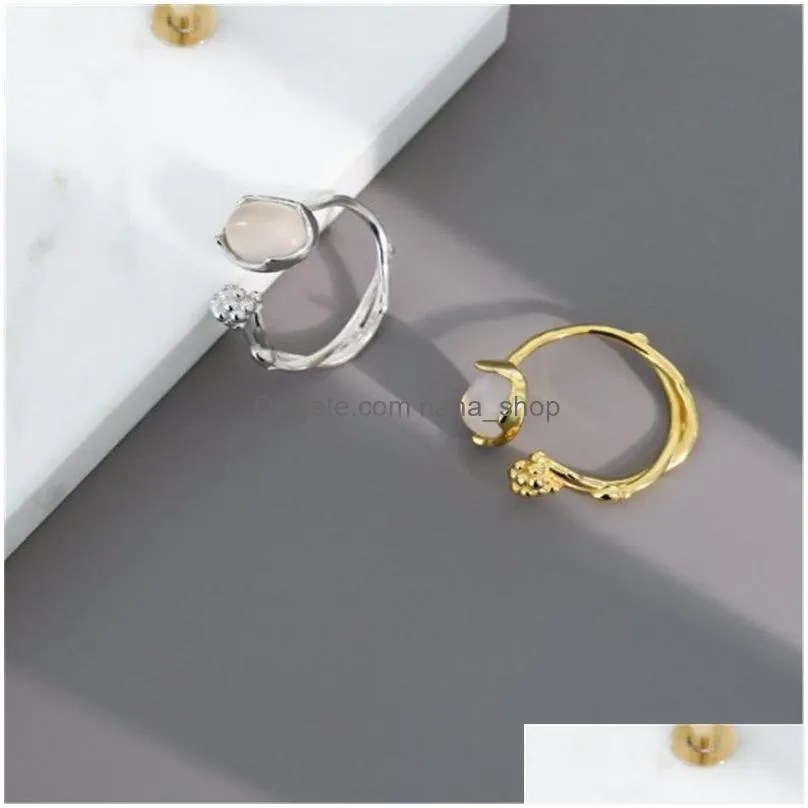 Band Rings Authentic 925 Sterling Sier Irregualr Agate Ring Women Open Size Adjustable Flower Rings For Girls Fine Jewelry Jewelry Rin Dhuil
