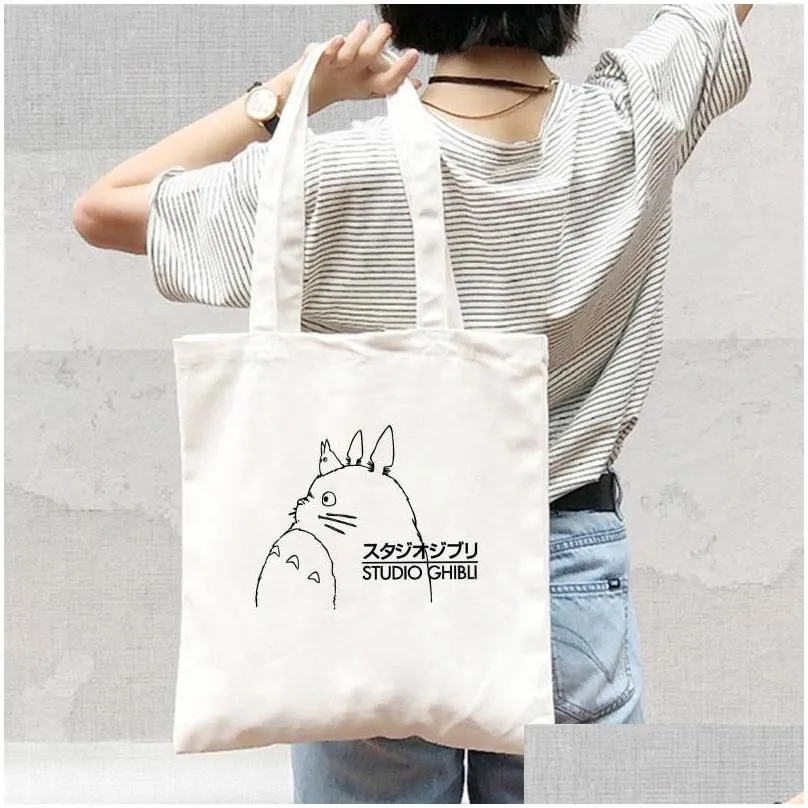 storage bags japan totoro anime kawaii cartoon print canvas tote bag women shoulder shopping shopper hand girls fashion casual pacakge