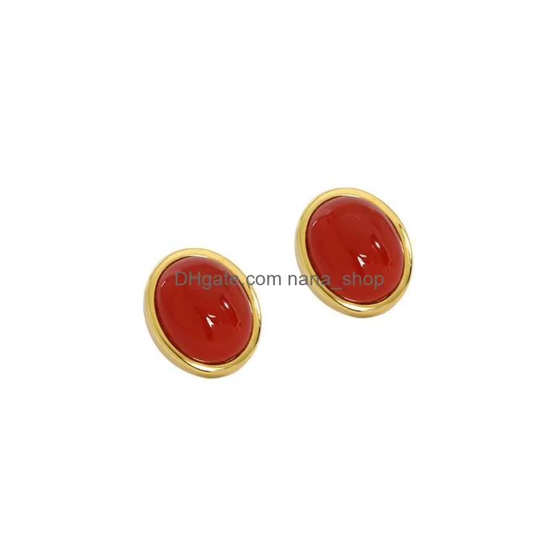 Stud Authentic 925 Sterling Sier Red Agate Earring Simple Cute Geometric Oval Mini Stud Earrings Wedding Party Jewelry Earrings Dhqgw