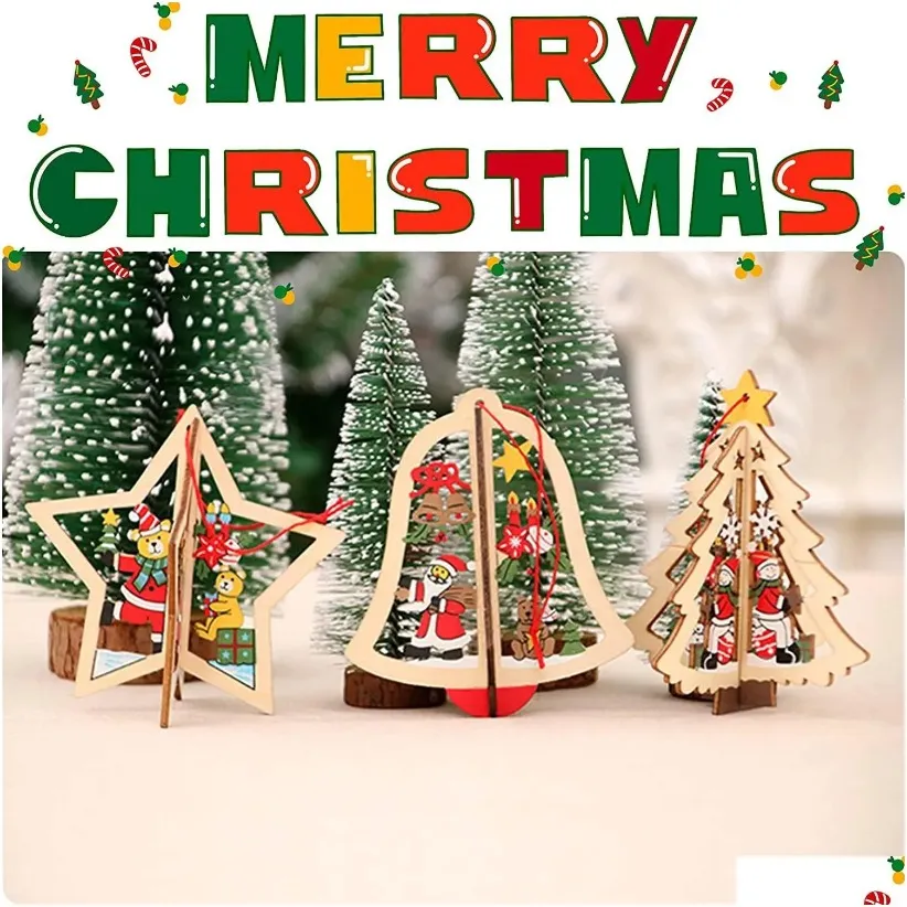 stock 3d wooden christmas pendant for christmas tree decoration wooden hanging crafts for children wood christmas ornaments