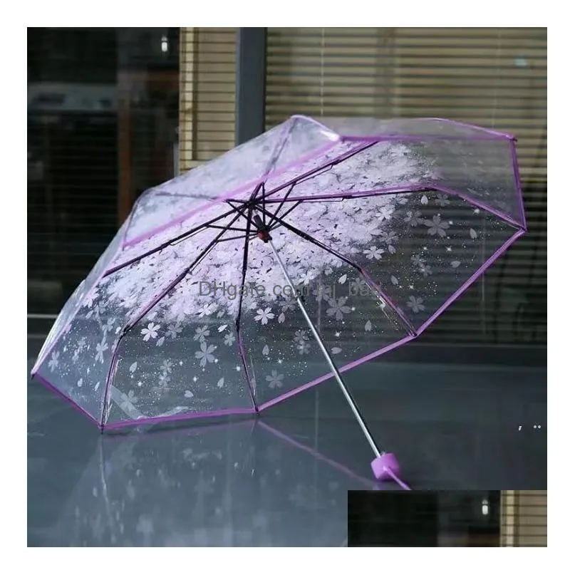 Party Favor 100Pcs/Lot Transparent Clear Umbrella Handle Windproof 3 Fold Cherry Blossom Mushroom Apollo Sakura Women Home Garden Fest Dhi92