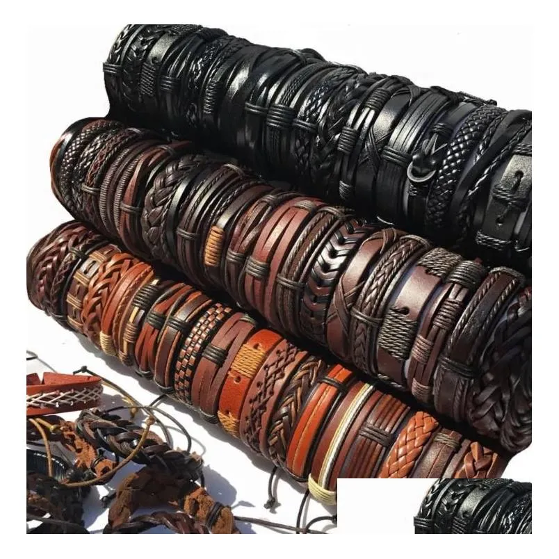 Charm Bracelets Jewelry100Pcs Lots Mixed Style Genuine Leather Mens Womens Surfer Bracelet Cuff Wristband Fashion Jewelry Drop Delivery