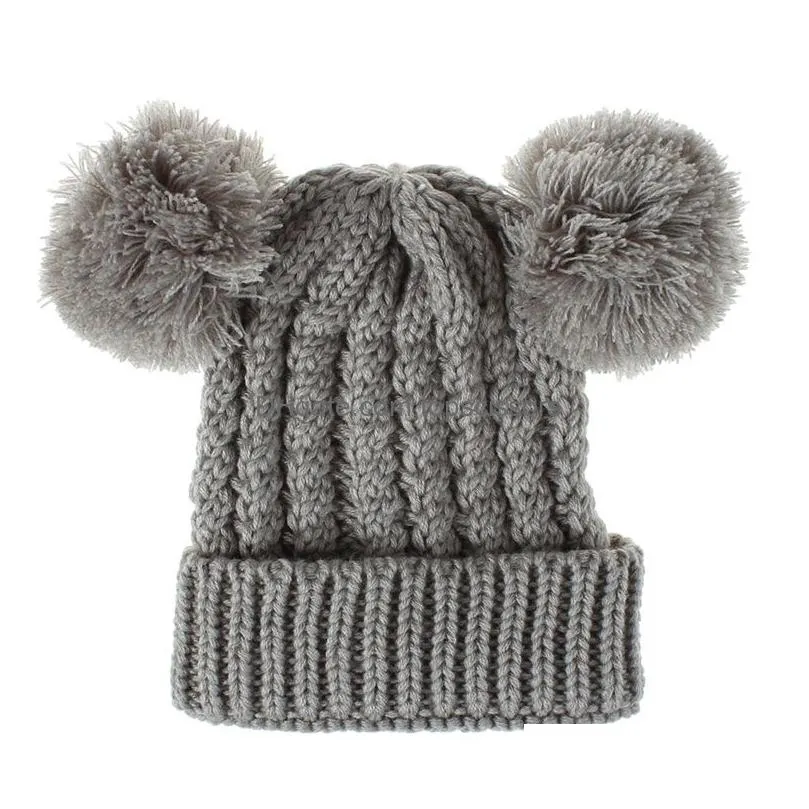 Hair Accessories Beanie Winter Cloghet Knitted Hats Hair Accessories Double Balls Twist Warm Woollen Knitting Hat Outdoor Baby Ski Par Dhhts