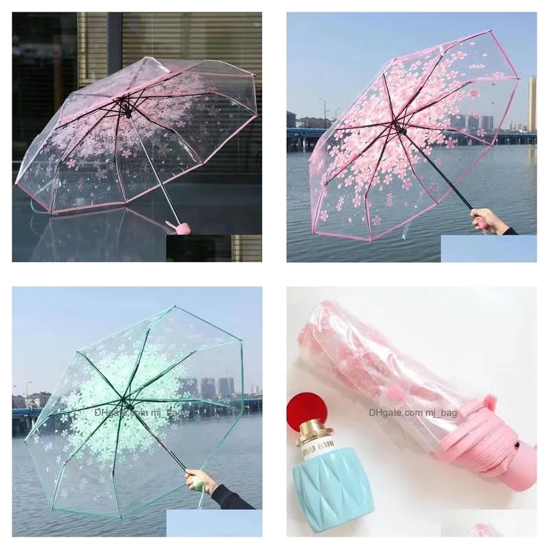 Party Favor 100Pcs/Lot Transparent Clear Umbrella Handle Windproof 3 Fold Cherry Blossom Mushroom Apollo Sakura Women Home Garden Fest Dhi92