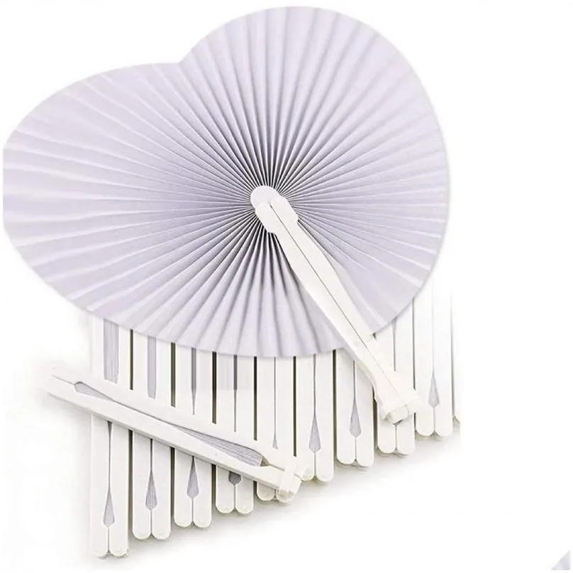party favor 50pcs white folding fans blank diy painting crafts heart shape paper hand fan for wedding birthday decoration guest gift