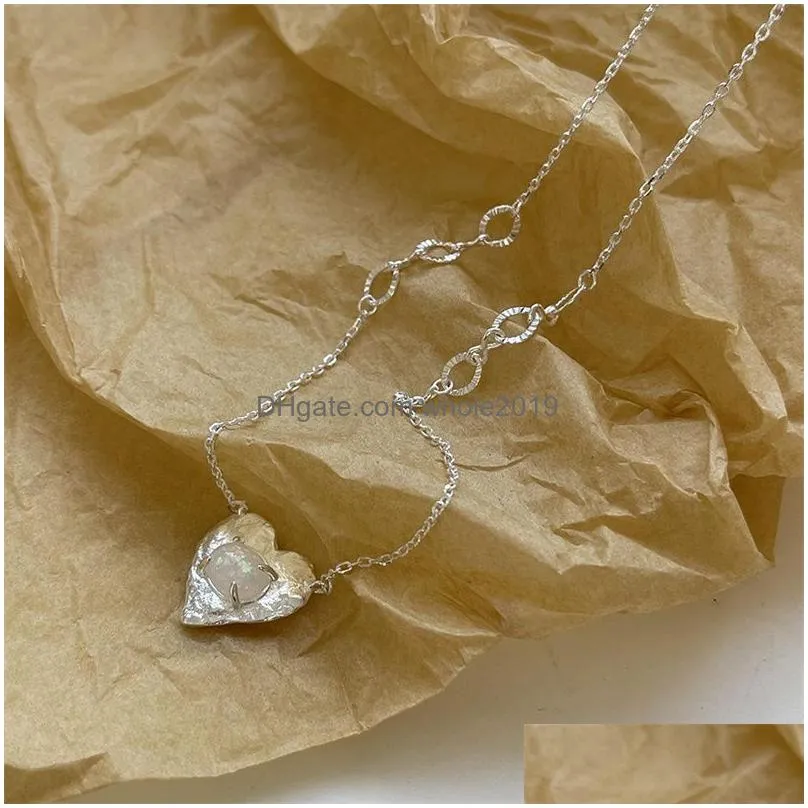 Pendant Necklaces 100% 925 Sterling Sier Necklace Pendants Irregar Love Heart Inlay Opal Pendant Necklaces For Women Party Jewelry Nec Dhips