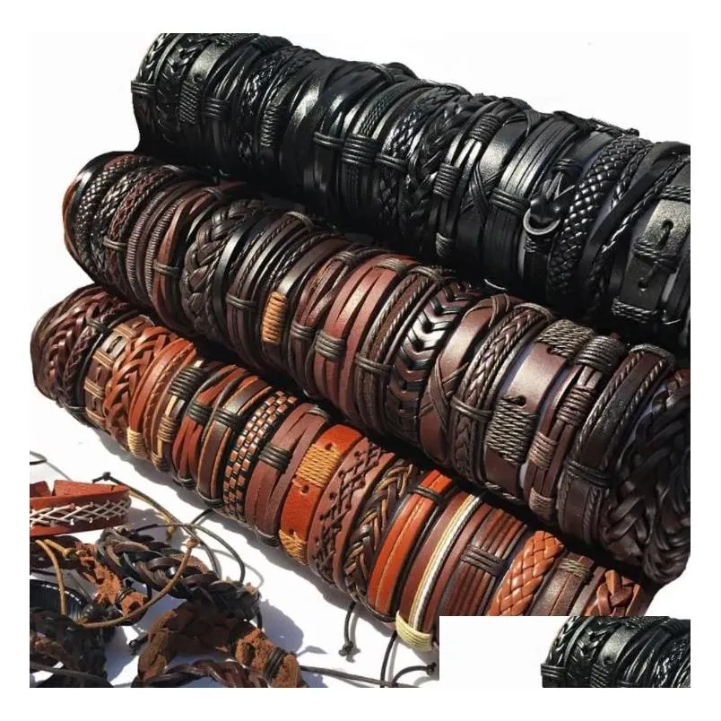 Charm Bracelets Jewelry100Pcs Lots Mixed Style Genuine Leather Mens Womens Surfer Bracelet Cuff Wristband Fashion Jewelry Drop Delivery