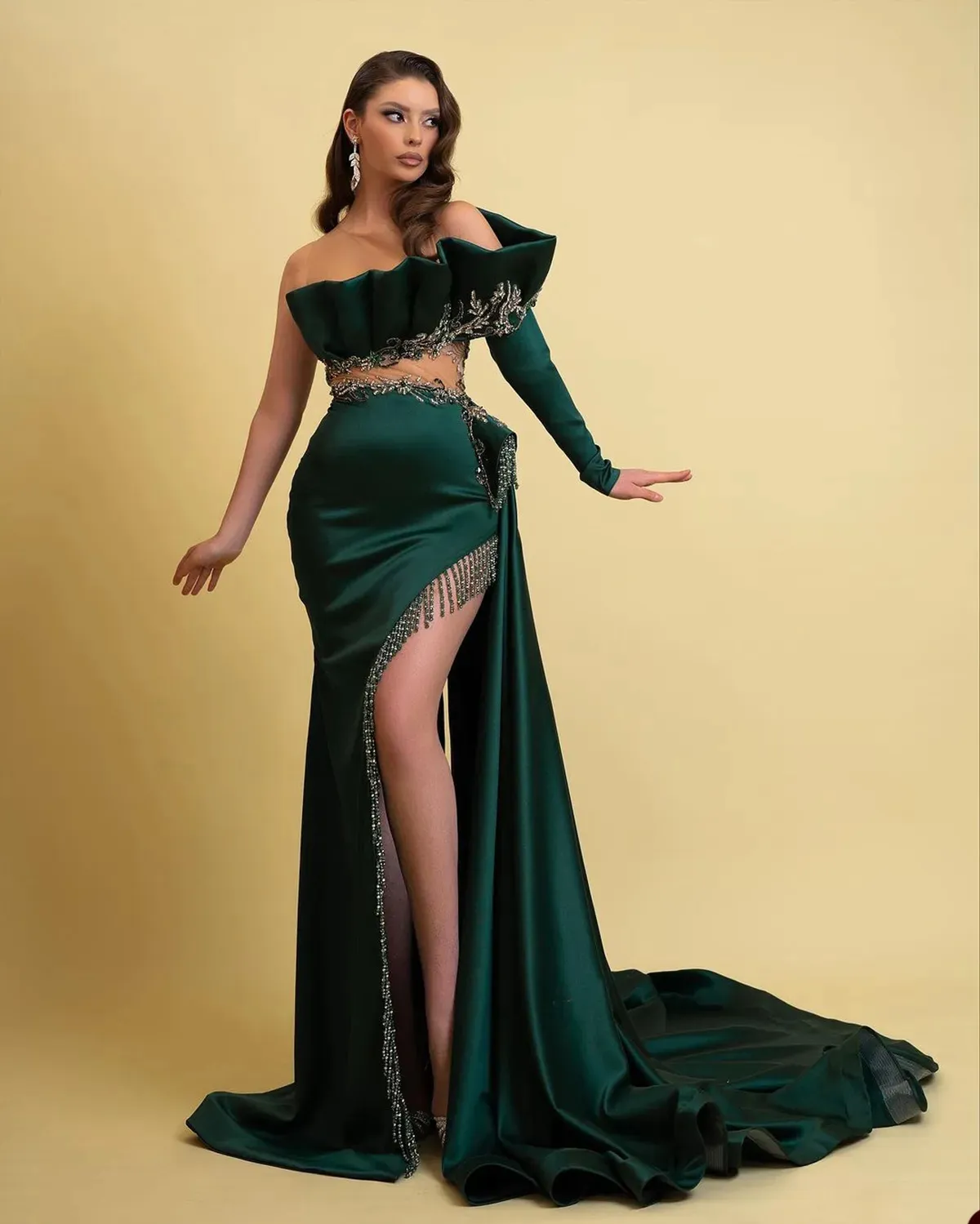 Sexy Hunter Green One Shoulder Evening Gown Beading See Through Mermaid Dresses Side Split Tassel Prom Dress Formal Custom Made