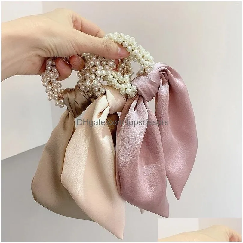 Hair Accessories Fashion Satin Silk Ribbon Scrunchies Hair Ties Elegant Pearl Women Elastic Bands Ponytail Girls Accessories Hair Prod Dh5K0