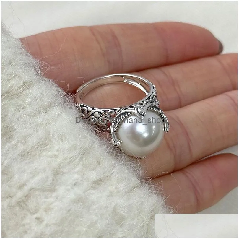 Band Rings Authentic 925 Sterling Sier Ring Natural  Water Pearl For Women Vintage Carving Adjustable Rings Wedding Party Jewelry Dhk5N