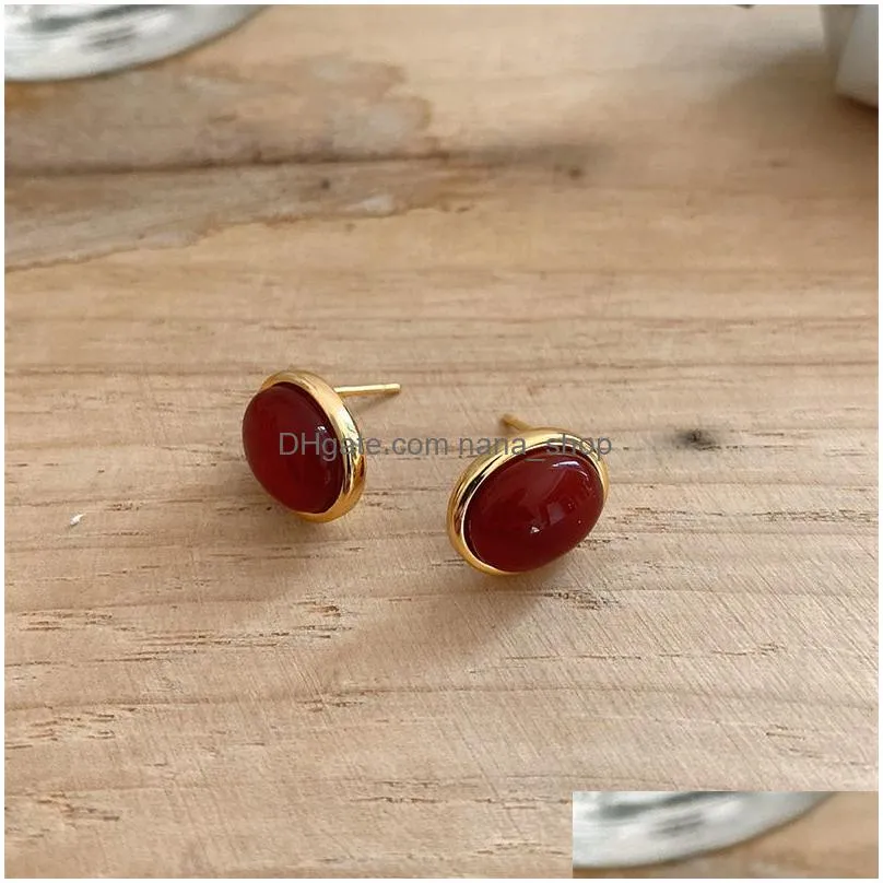 Stud Authentic 925 Sterling Sier Red Agate Earring Simple Cute Geometric Oval Mini Stud Earrings Wedding Party Jewelry Earrings Dhqgw