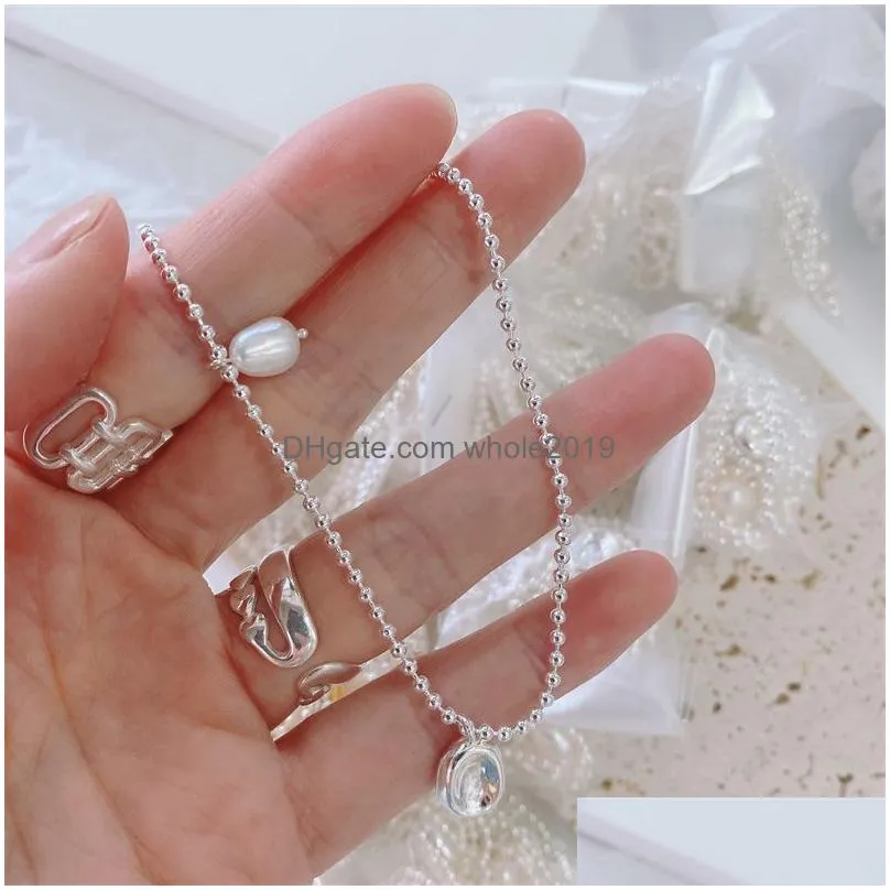 Pendant Necklaces 100% 925 Sterling Sier Necklaces Pendants Dog Chain Irregar Freshwater Pearl Geometric Pendant Necklace For Jewelry Dh1Hv