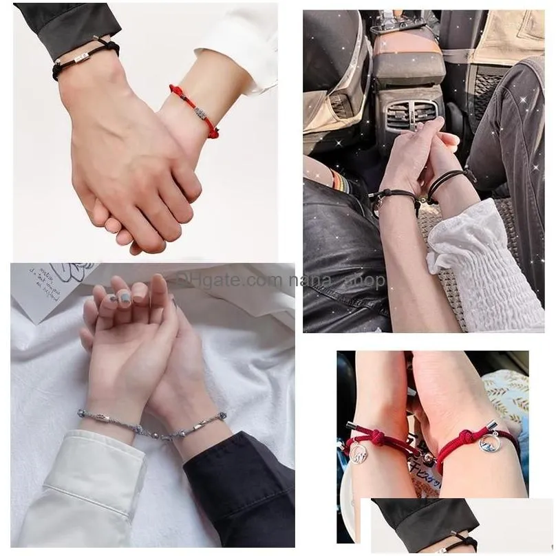 Charm Bracelets Charm Bracelets 2Pcs Couple Magnets Attract Each Other Creative Personality Bracelet Pendants Jewelry Lover Gift Jewel Dhouw