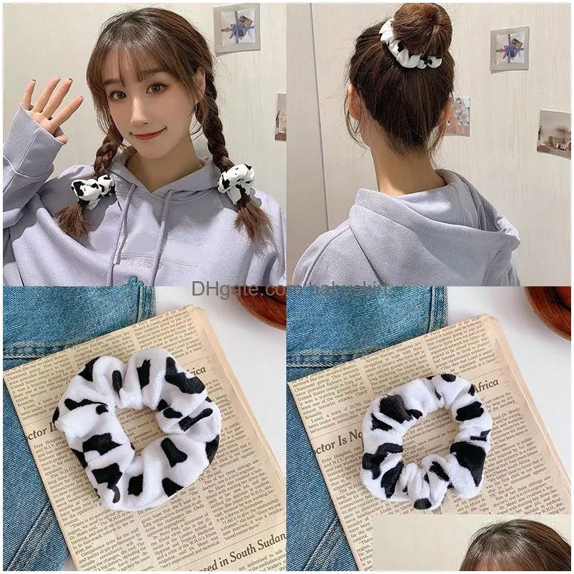 Hair Accessories Cow Black White Plush Elastic Hair Bands Curling Tie Ring Loop Ponytail Holder Scrunchie Rubber Rope Band Headwear Ha Dhlcv