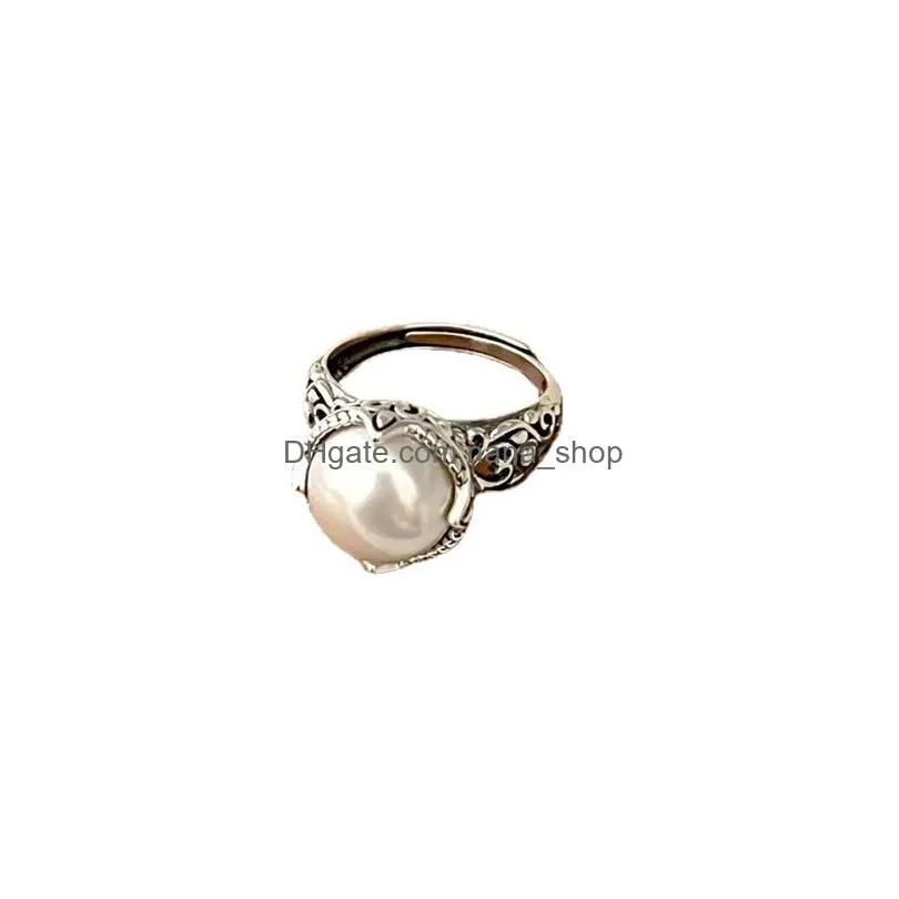 Band Rings Authentic 925 Sterling Sier Ring Natural  Water Pearl For Women Vintage Carving Adjustable Rings Wedding Party Jewelry Dhk5N