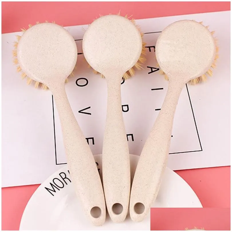 Cleaning Brushes Long Handle Pot Brush Kitchen Pan Dish Bowl Washing Cleaning Tools Portable Wheat St Household Clean Brushes Home Gar Dh1Cz