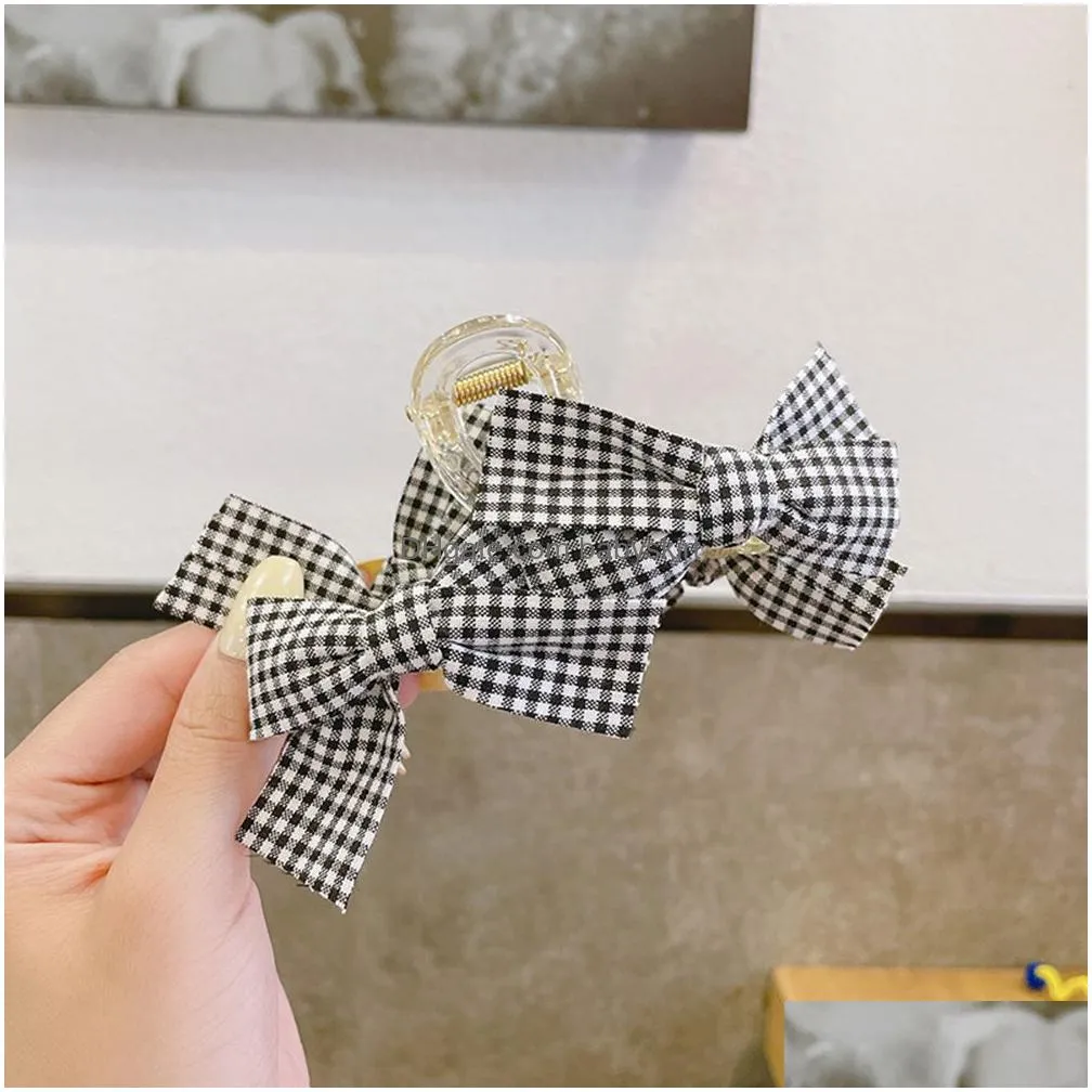 Hair Accessories Women Fashion Elegant Black And White Lattice Hair Claw Bow Clips For Large Clip Headwear Accessories Hair Products H Dhjt9