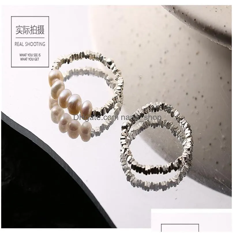 Band Rings Authentic 925 Sterling Sier Band Rings Geometric Beads For Women Natural Freshwater Pearl Ring Wedding Party Jewelry Ring Dhx2E