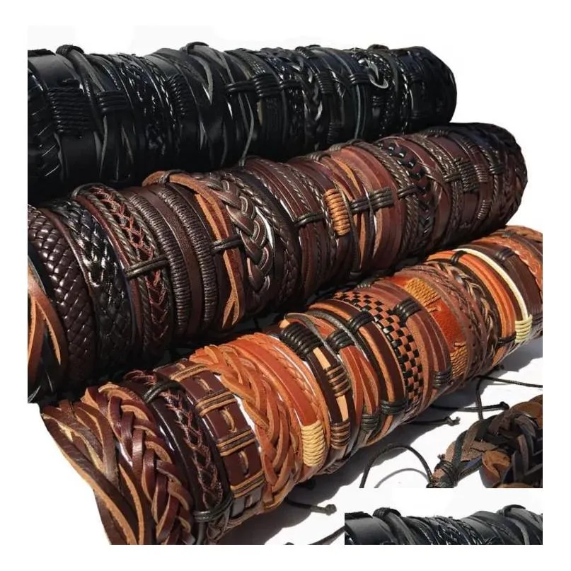 Charm Bracelets Jewelry100Pcs Lots Mixed Style Genuine Leather Mens Womens Surfer Bracelet Cuff Wristband Fashion Jewelry Drop Delivery