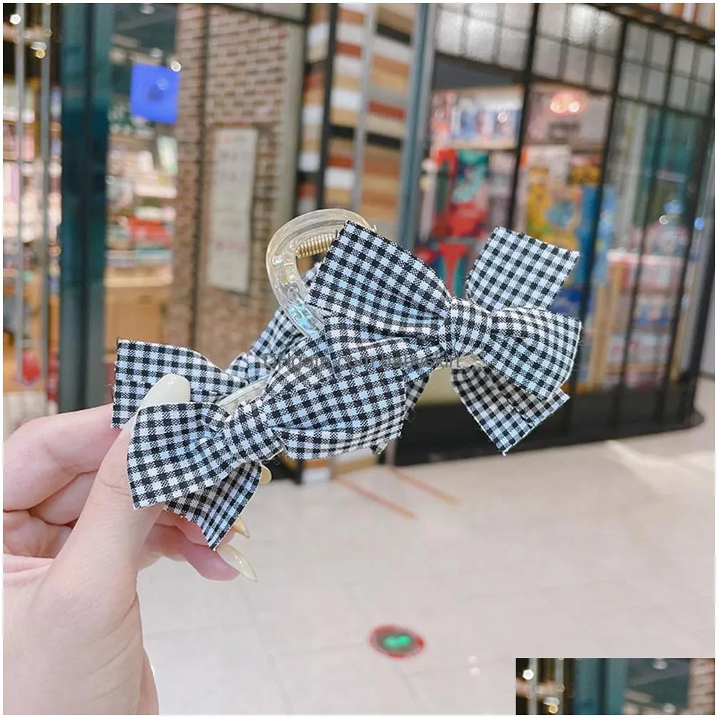 Hair Accessories Women Fashion Elegant Black And White Lattice Hair Claw Bow Clips For Large Clip Headwear Accessories Hair Products H Dhjt9