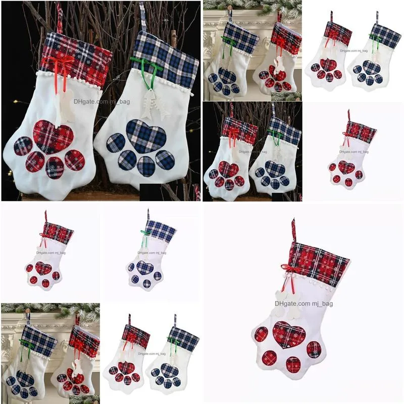 Christmas Decorations Christmas Stocking Monogrammed Pet Dog Cat Paw Gift Bag Plaid Xmas Stockings Tree Ornaments Party Decor 2 Styles Dh4Eo