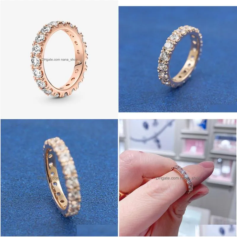 Band Rings Rose Gold Plated Sparkling Row Eternity Ring With Clear Cubic Zirconia Fit P Jewelry Engagement Wedding Lovers Fashion For Dhxn9