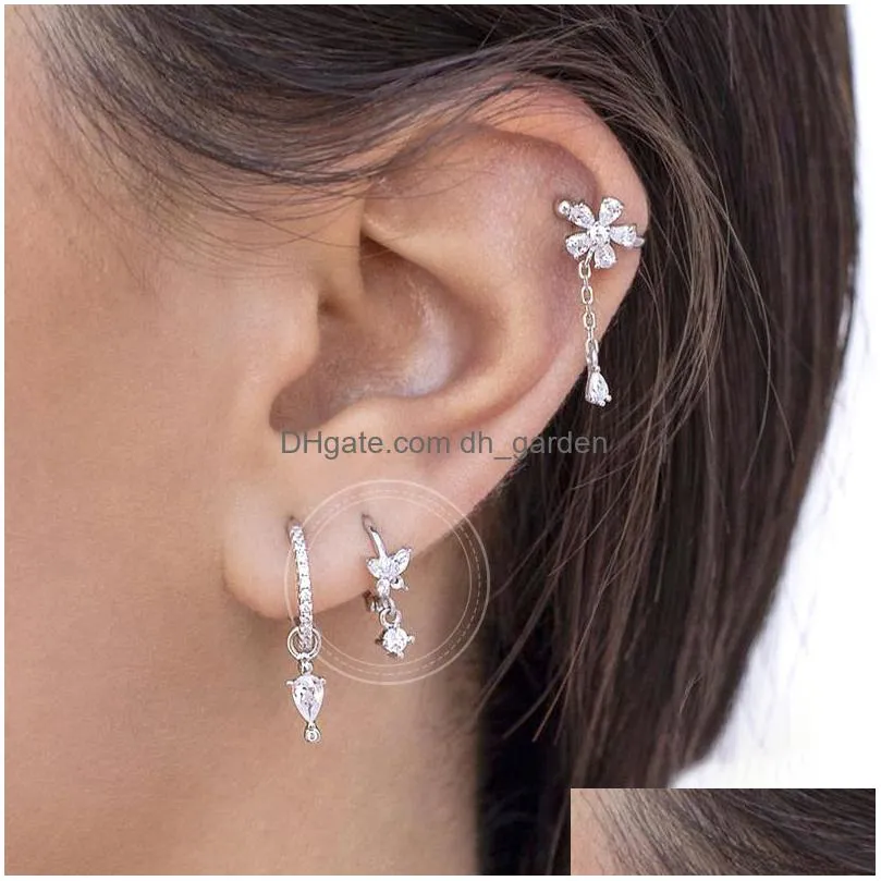 New Fashion Stainless Steel Crystal Zirconia Butterfly Hoop Earrings For Women Tiny Pendant Water Drop Earring Piercing Jewel Dhgarden Otv0P