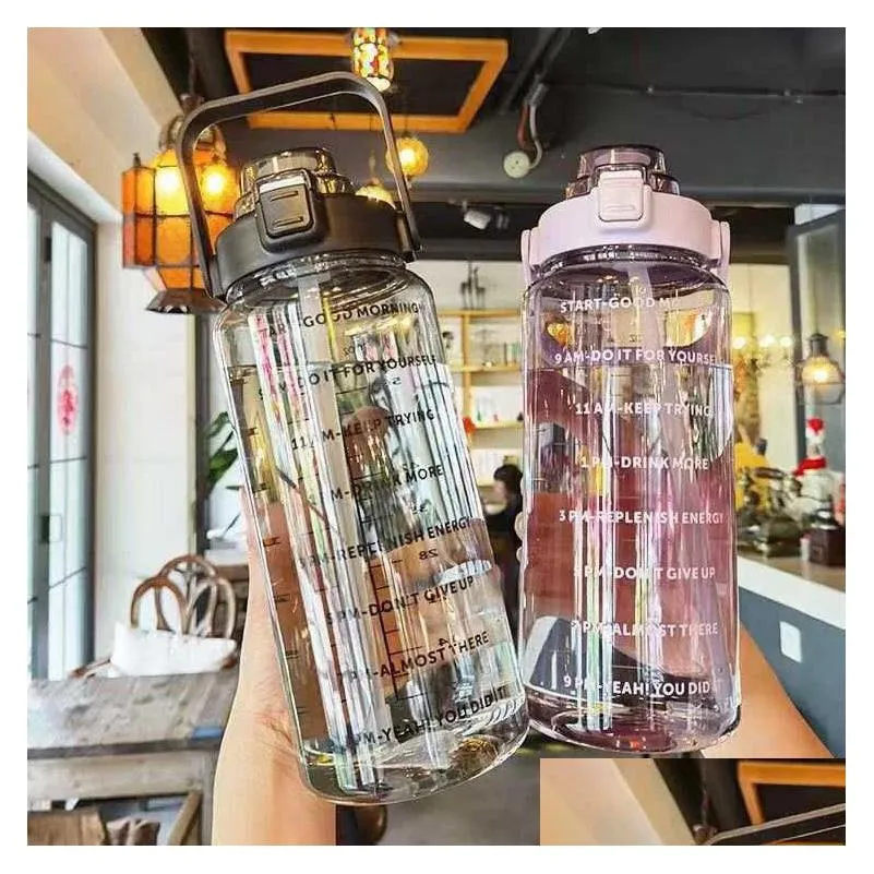 Water Bottles 2L Bottle With St Female Girls Large Portable Travel Sports Fitness Cup Summer Cold Time Scale Drop Delivery Home Gard Dhwug