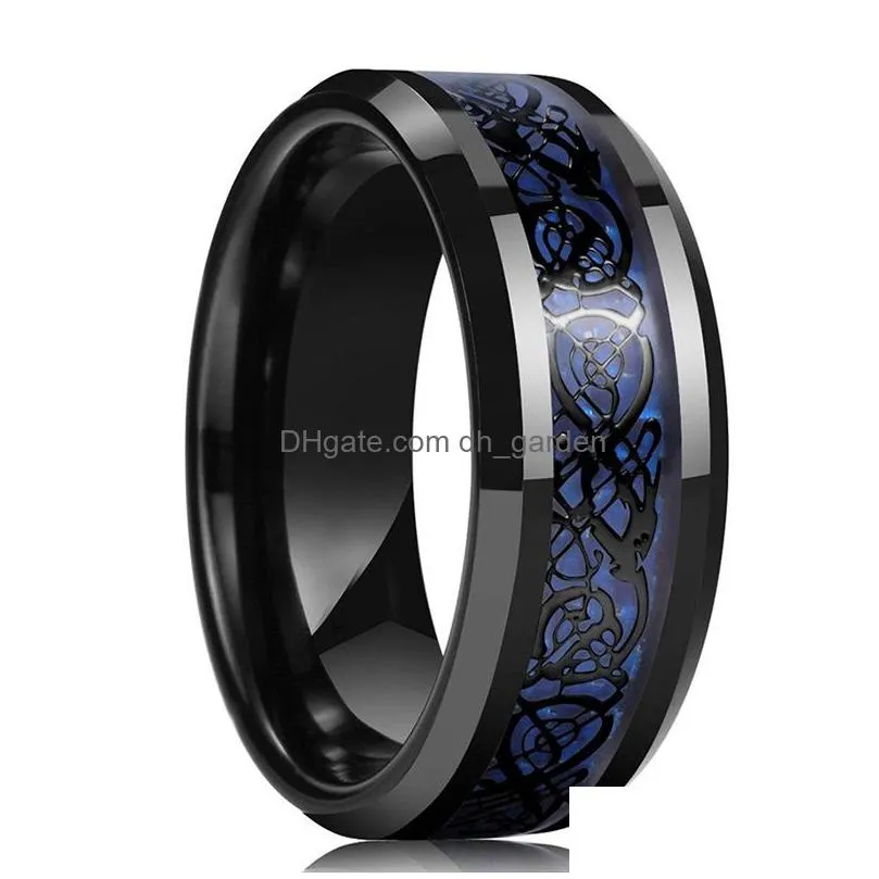 Fashion 8Mm Tungsten Carbide Ring Black Celtic Dragon Blue Carbon Fibre Men Wedding Band Dhgarden Otlyf