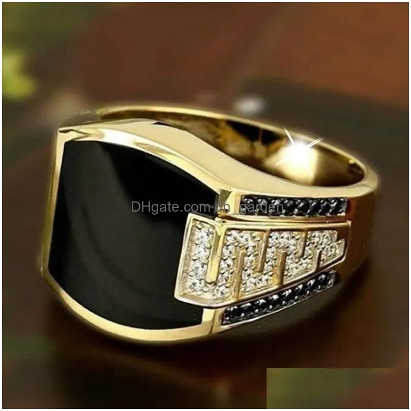 Classic Mens Ring Fashion Metal Gold Color Inlaid Black Stone Zircon Punk Rings For Men Dhgarden Otmug