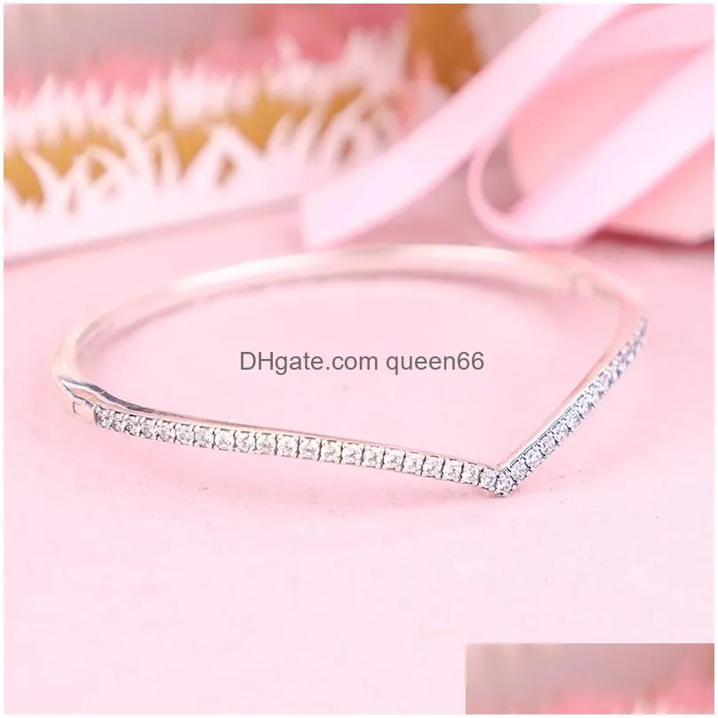 Bangle Cz Diamond Sparkling Wishbone Bangle Bracelet Set Real Sterling Sier Women Wedding Jewelry With Original Box For P Girlfriend G Dh9Po