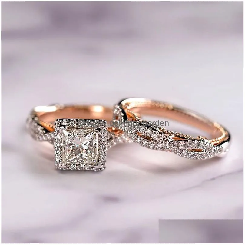 Charm Couple Rings Men Stainless Steel Rhinestones Zircon Women Wedding Band Set Valentine Day Jewelry Dhgarden Otbkp