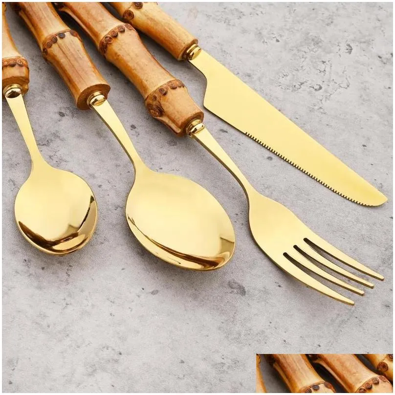 Dinnerware Sets Dinnerware Sets 24Pcs Creative Knife Fork Teaspoon Flatware Set Bamboo Handle Cutlery Stainless Steel Kitchen Tablewar Dhuf8