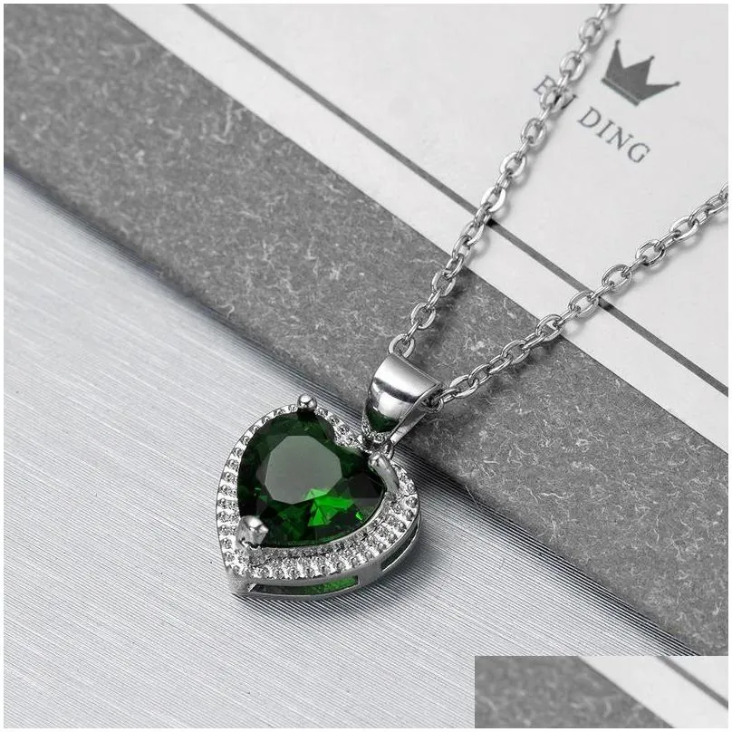 Pendant Necklaces Diamond Heart Pendant Necklace Stainelss Steel Chain Women Girls Necklaces Red Green Crystal Fashion Jewelry Will An Dhlxh