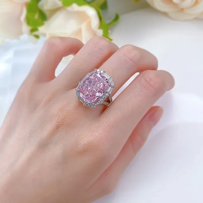 Luxury 8ct Pink Moissanite Diamond Ring 100% Real 925 Sterling Silver Party Wedding Band Rings for Women Men Engagement Jewelry
