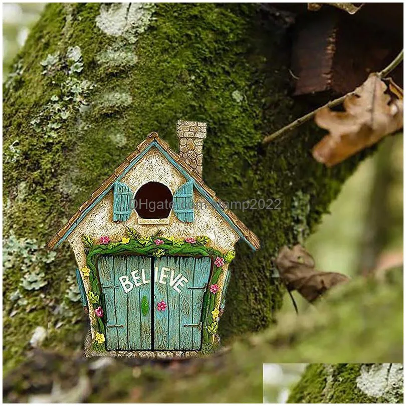  miniature fairy gnome door figurines elf home wooden fairy garden window door art tree sculpture statues ornament outdoor decor